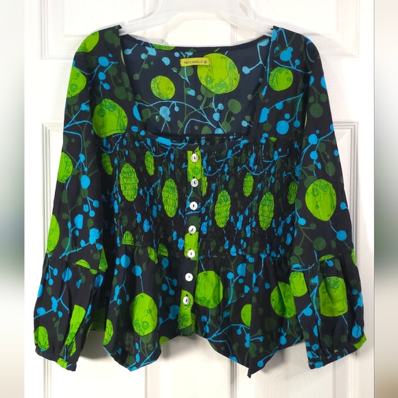 Nid d’abeilles Smocked Cotton Blouse Top Indie Psychedelic Print Size 4 - Picture 2 of 9